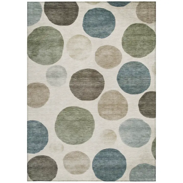 5' X 8' Ivory Fern Green And Teal Blue Geometric Washable Indoor Outdoor Area Rug