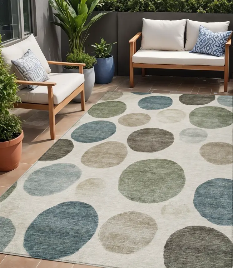 5' X 8' Ivory Fern Green And Teal Blue Geometric Washable Indoor Outdoor Area Rug