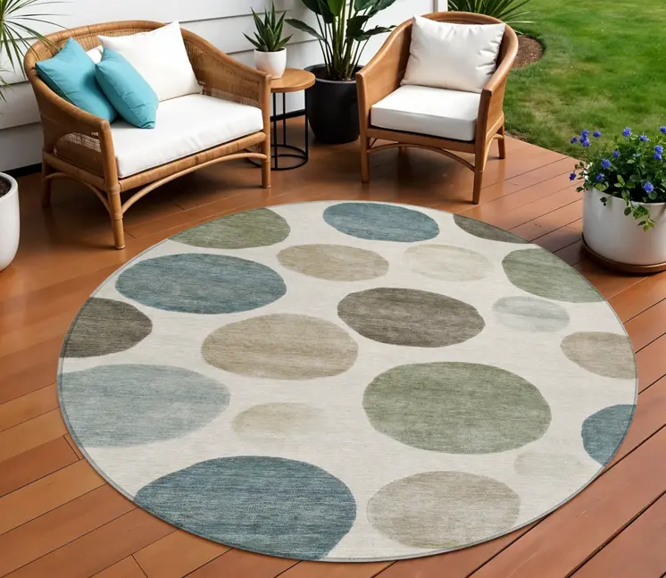 8' Ivory Fern Green And Teal Blue Round Geometric Washable Indoor Outdoor Area Rug