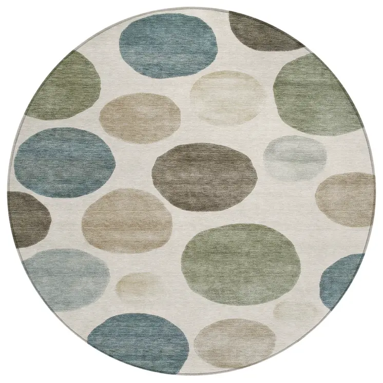 8' Ivory Fern Green And Teal Blue Round Geometric Washable Indoor Outdoor Area Rug