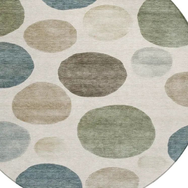 8' Ivory Fern Green And Teal Blue Round Geometric Washable Indoor Outdoor Area Rug
