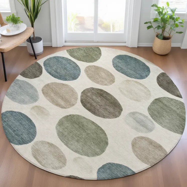 8' Ivory Fern Green And Teal Blue Round Geometric Washable Indoor Outdoor Area Rug