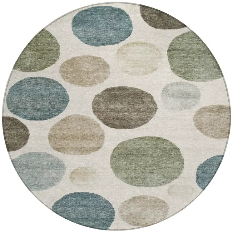 8' Ivory Fern Green And Teal Blue Round Geometric Washable Indoor Outdoor Area Rug