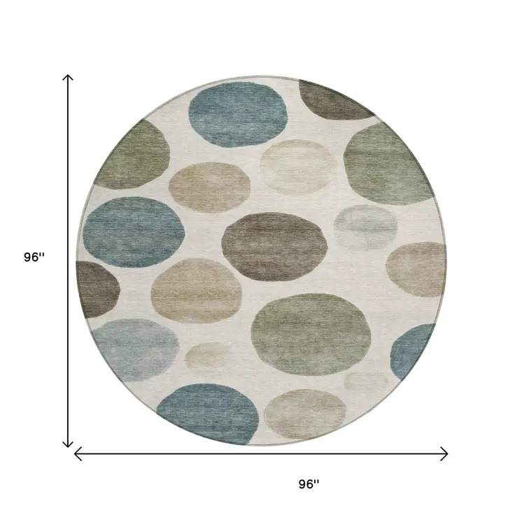 8' Ivory Fern Green And Teal Blue Round Geometric Washable Indoor Outdoor Area Rug