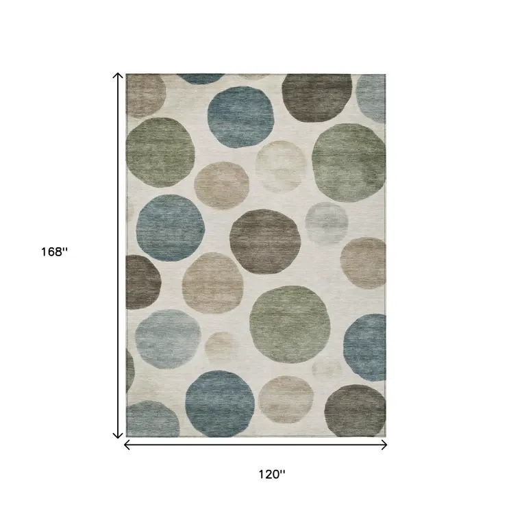 10' X 14' Ivory Fern Green And Teal Blue Geometric Washable Indoor Outdoor Area Rug