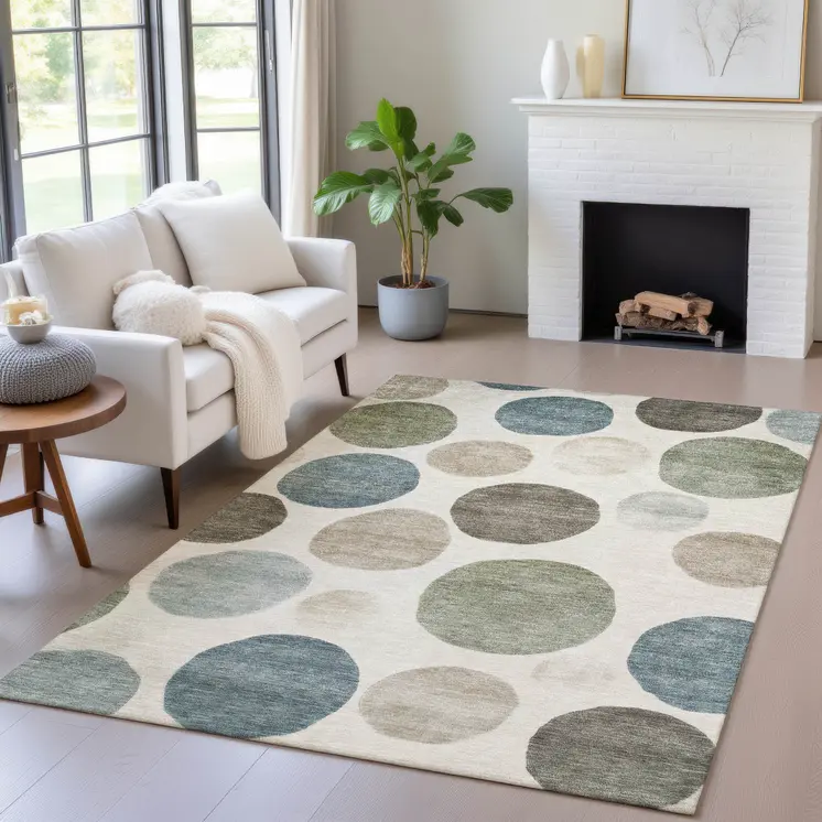 10' X 14' Ivory Fern Green And Teal Blue Geometric Washable Indoor Outdoor Area Rug