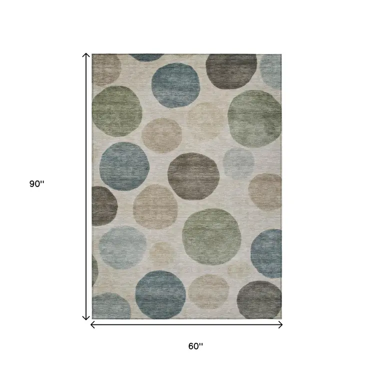 5' X 8' Khaki Fern Green And Teal Blue Geometric Washable Indoor Outdoor Area Rug