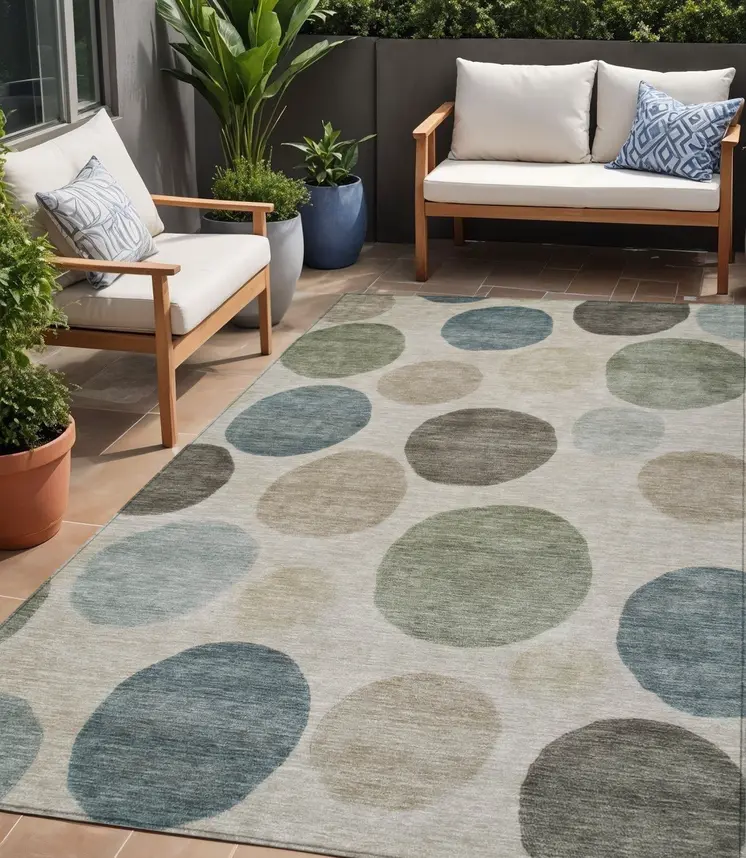 5' X 8' Khaki Fern Green And Teal Blue Geometric Washable Indoor Outdoor Area Rug