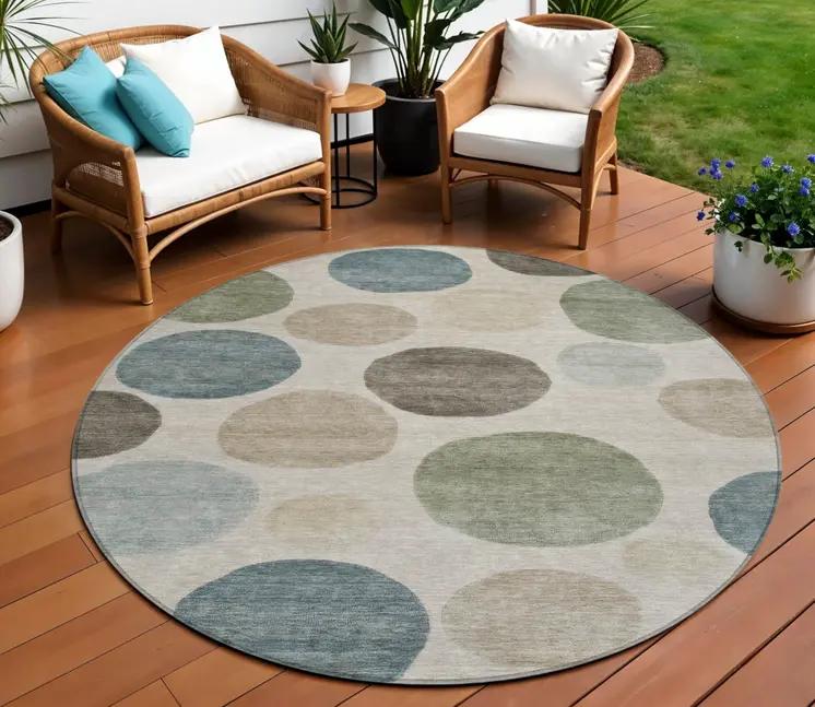 8' Khaki Fern Green And Teal Blue Round Geometric Washable Indoor Outdoor Area Rug