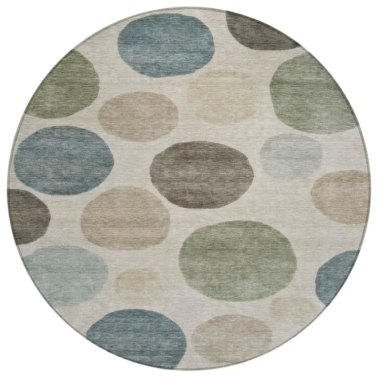 8' Khaki Fern Green And Teal Blue Round Geometric Washable Indoor Outdoor Area Rug