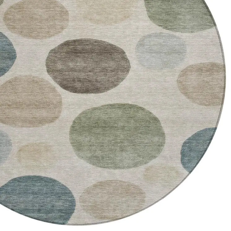 8' Khaki Fern Green And Teal Blue Round Geometric Washable Indoor Outdoor Area Rug
