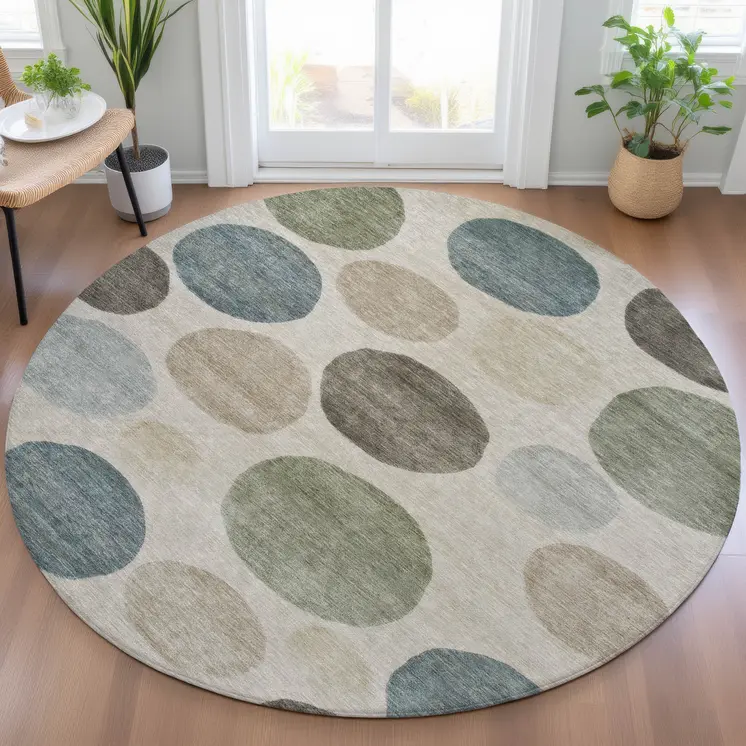 8' Khaki Fern Green And Teal Blue Round Geometric Washable Indoor Outdoor Area Rug