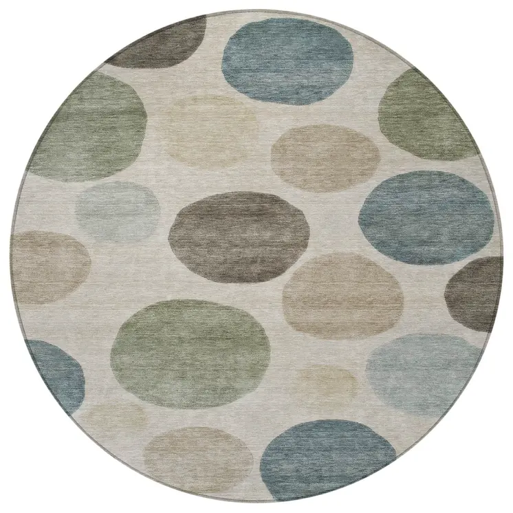8' Khaki Fern Green And Teal Blue Round Geometric Washable Indoor Outdoor Area Rug