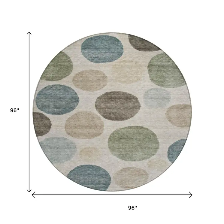 8' Khaki Fern Green And Teal Blue Round Geometric Washable Indoor Outdoor Area Rug