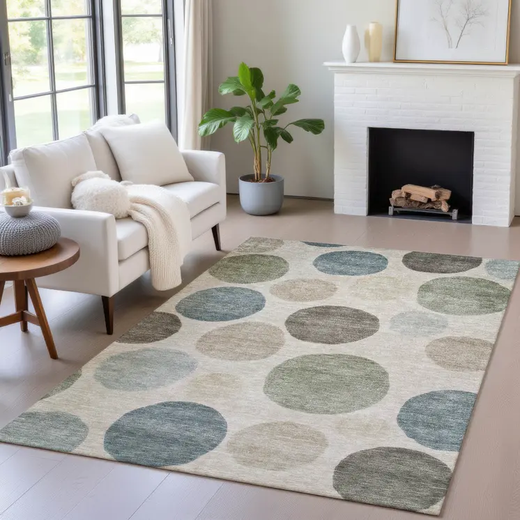 9' X 12' Khaki Fern Green And Teal Blue Geometric Washable Indoor Outdoor Area Rug