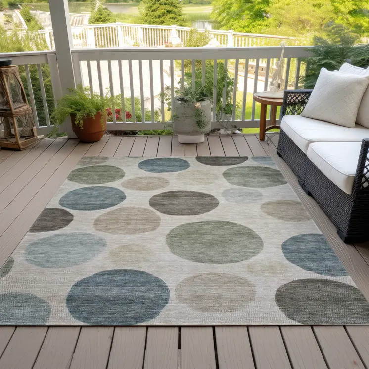 9' X 12' Khaki Fern Green And Teal Blue Geometric Washable Indoor Outdoor Area Rug
