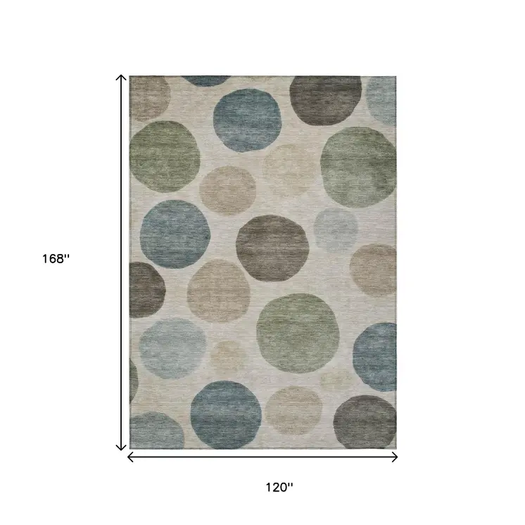 10' X 14' Khaki Fern Green And Teal Blue Geometric Washable Indoor Outdoor Area Rug