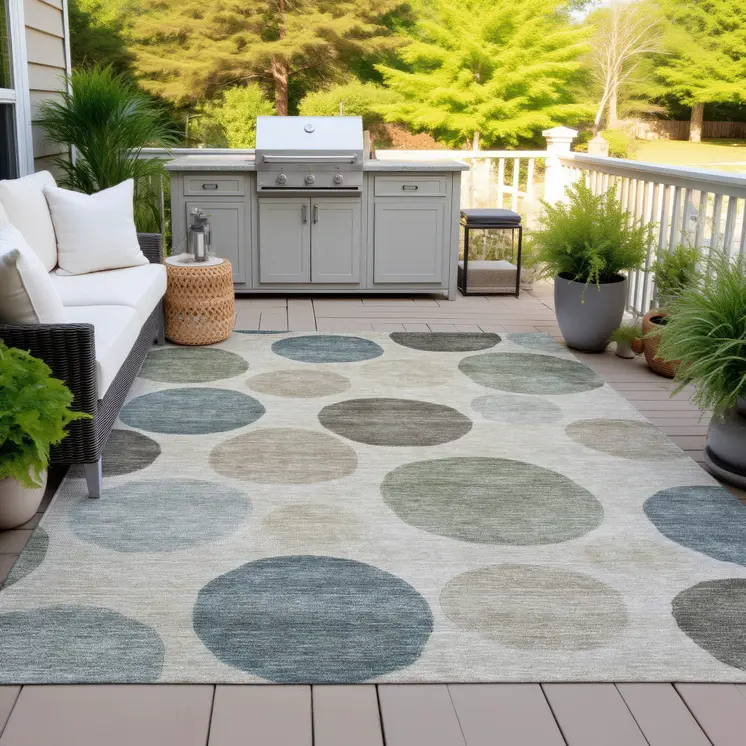 10' X 14' Khaki Fern Green And Teal Blue Geometric Washable Indoor Outdoor Area Rug