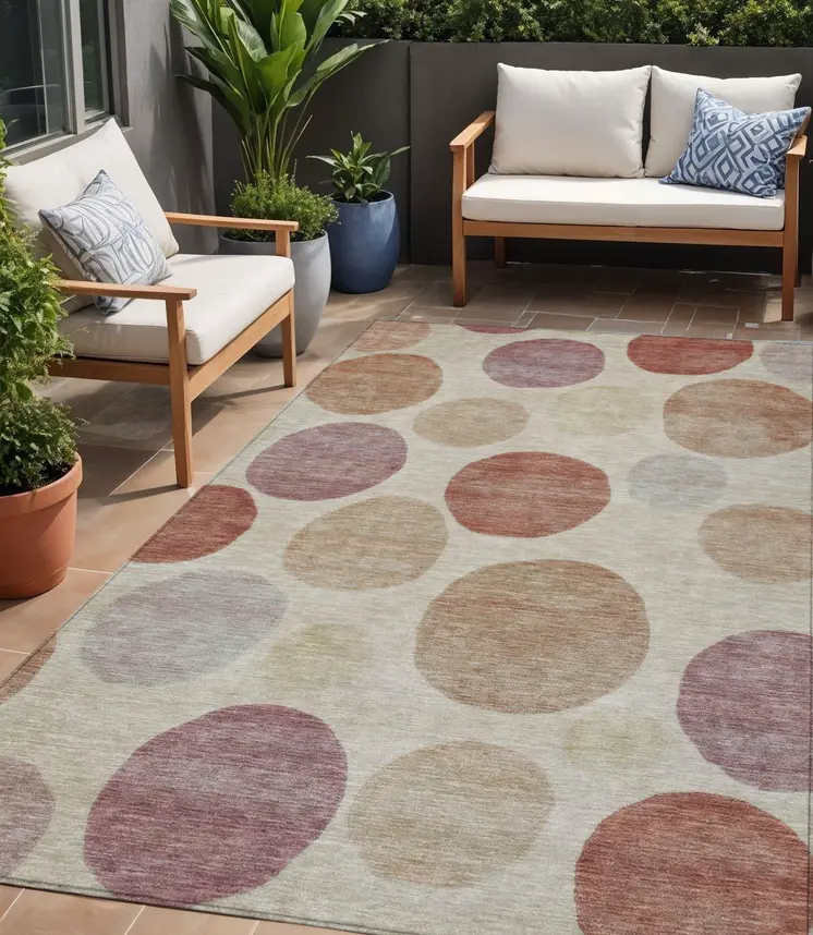 5' X 8' Salmon Ivory And Mauve Geometric Washable Indoor Outdoor Area Rug