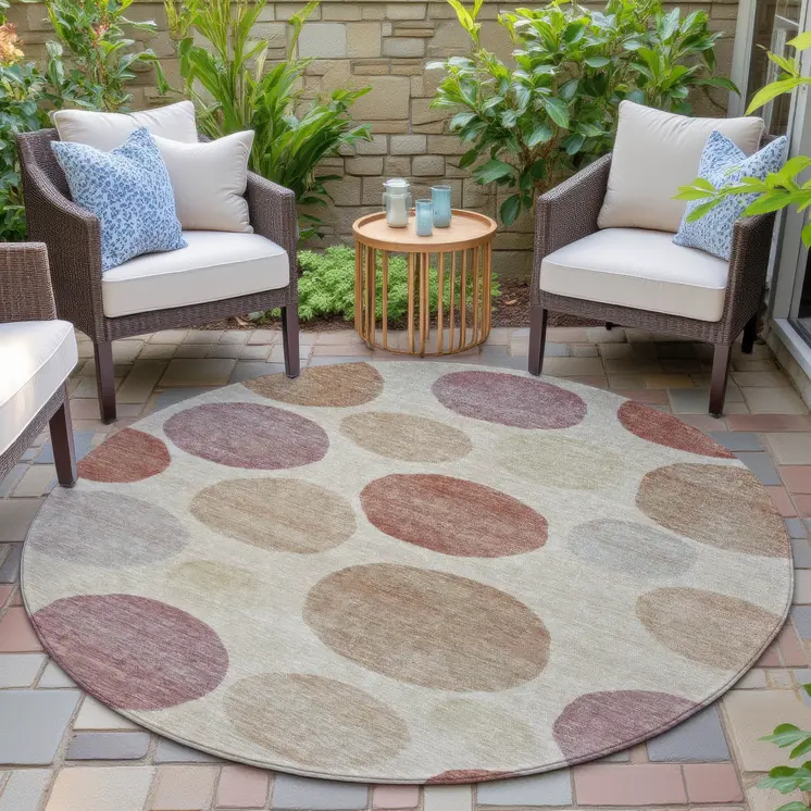 8' Salmon Ivory And Mauve Round Geometric Washable Indoor Outdoor Area Rug