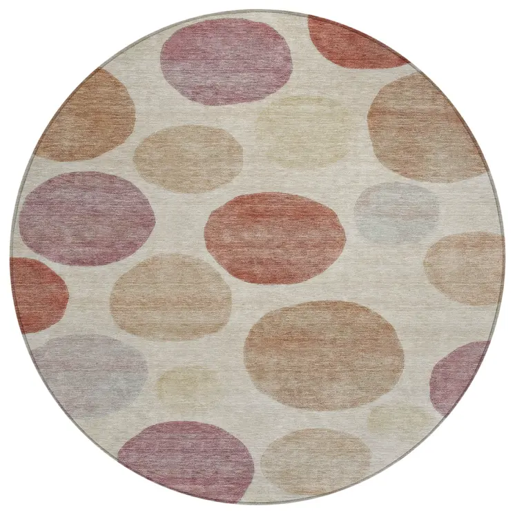 8' Salmon Ivory And Mauve Round Geometric Washable Indoor Outdoor Area Rug