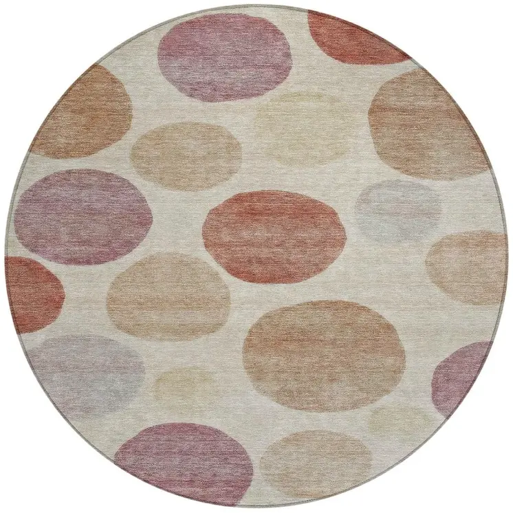 8' Salmon Ivory And Mauve Round Geometric Washable Indoor Outdoor Area Rug