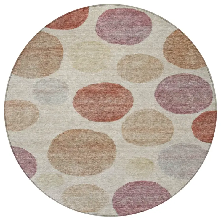 8' Salmon Ivory And Mauve Round Geometric Washable Indoor Outdoor Area Rug