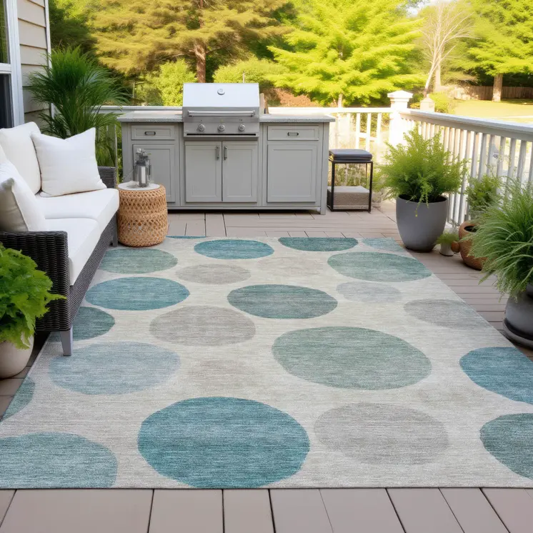 9' X 12' Teal Blue Ivory And Pale Aqua Geometric Washable Indoor Outdoor Area Rug