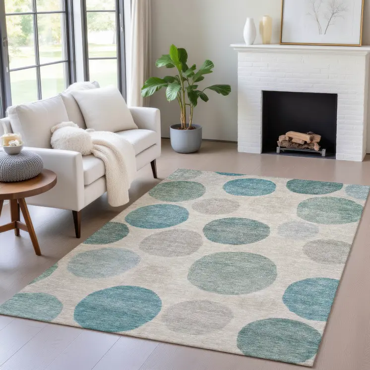 9' X 12' Teal Blue Ivory And Pale Aqua Geometric Washable Indoor Outdoor Area Rug