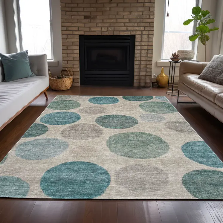 9' X 12' Teal Blue Ivory And Pale Aqua Geometric Washable Indoor Outdoor Area Rug