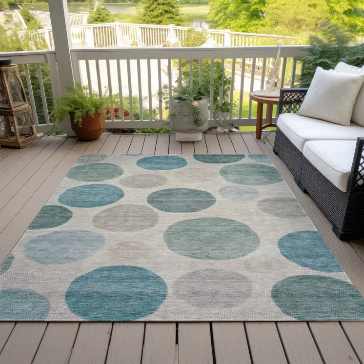 9' X 12' Teal Blue Ivory And Pale Aqua Geometric Washable Indoor Outdoor Area Rug