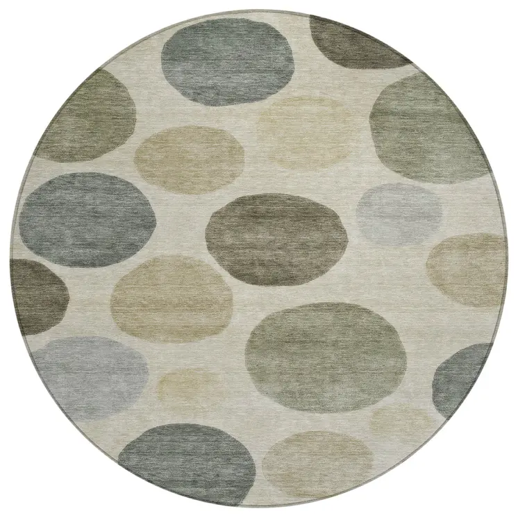 8' Taupe Beige And Ivory Round Geometric Washable Indoor Outdoor Area Rug