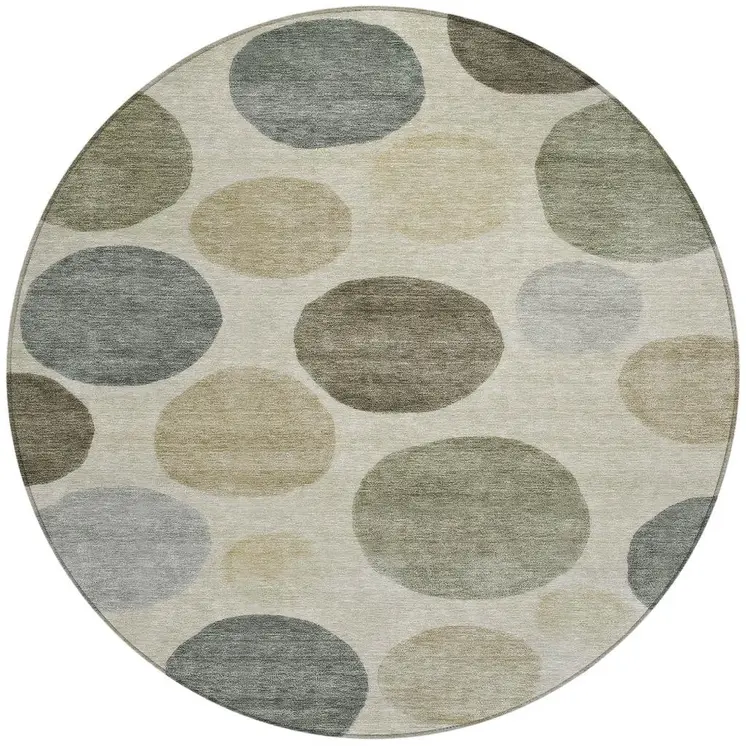 8' Taupe Beige And Ivory Round Geometric Washable Indoor Outdoor Area Rug