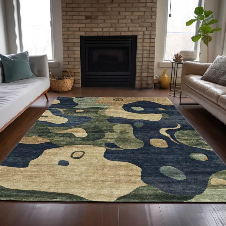 3' X 5' Navy Blue Gold And Olive Green Abstract Washable Indoor Outdoor Area Rug