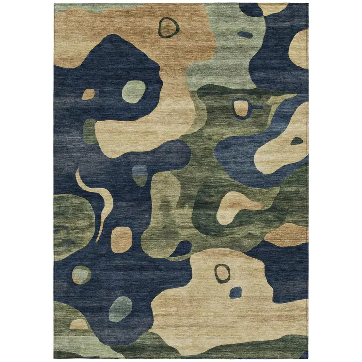 5' X 8' Navy Blue Gold And Olive Green Abstract Washable Indoor Outdoor Area Rug