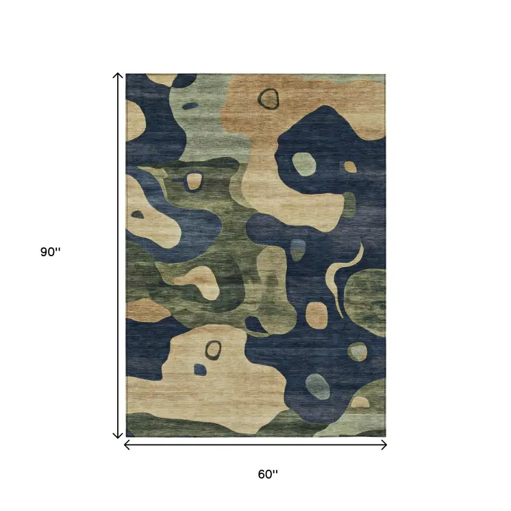 5' X 8' Navy Blue Gold And Olive Green Abstract Washable Indoor Outdoor Area Rug
