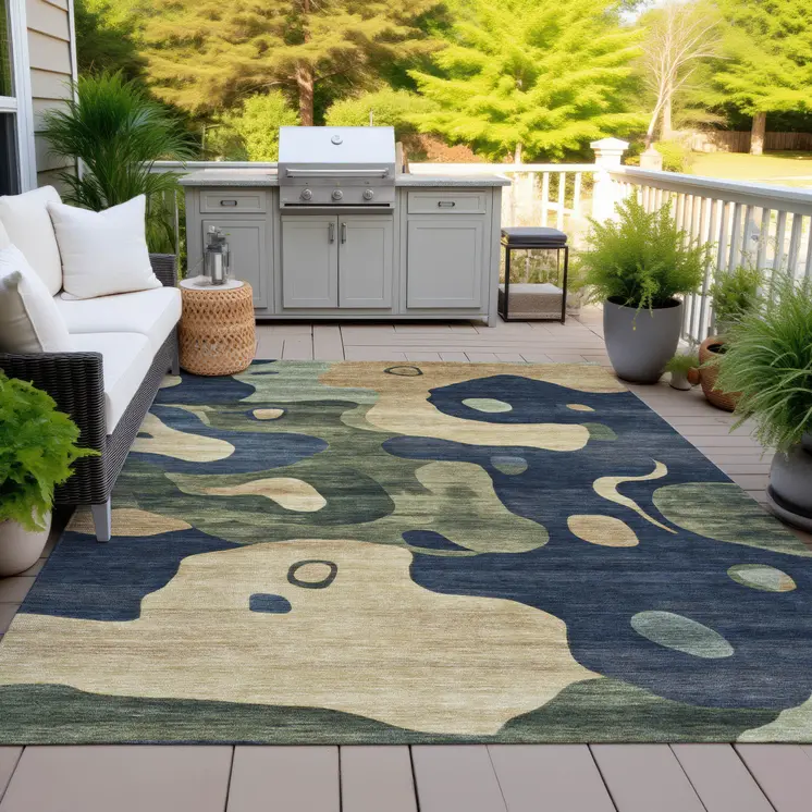 5' X 8' Navy Blue Gold And Olive Green Abstract Washable Indoor Outdoor Area Rug