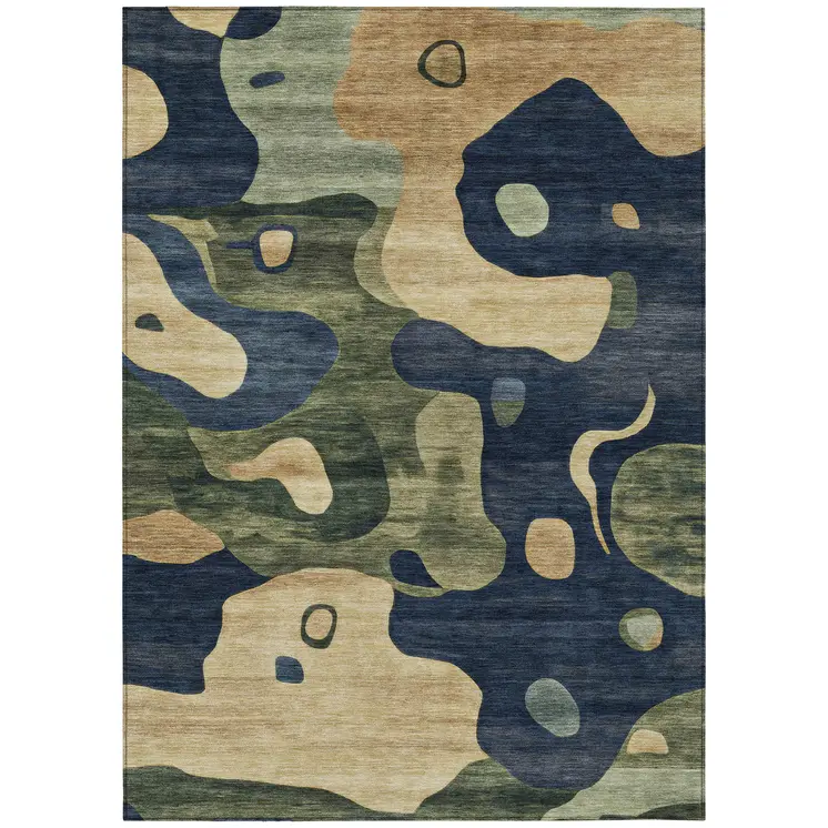 5' X 8' Navy Blue Gold And Olive Green Abstract Washable Indoor Outdoor Area Rug