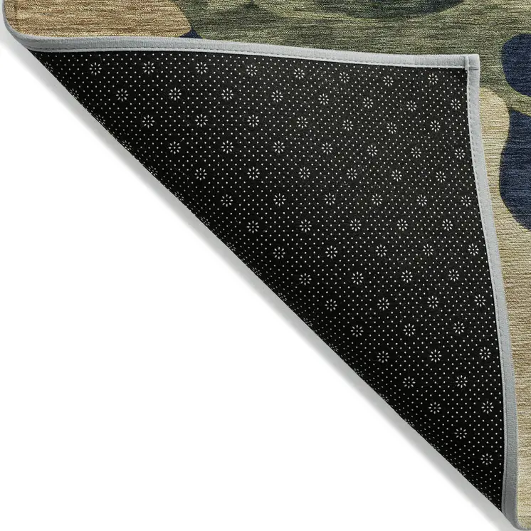 5' X 8' Navy Blue Gold And Olive Green Abstract Washable Indoor Outdoor Area Rug