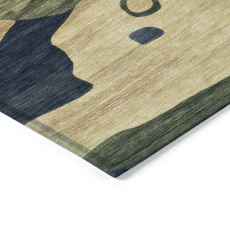 5' X 8' Navy Blue Gold And Olive Green Abstract Washable Indoor Outdoor Area Rug