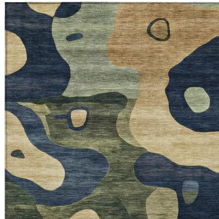 5' X 8' Navy Blue Gold And Olive Green Abstract Washable Indoor Outdoor Area Rug