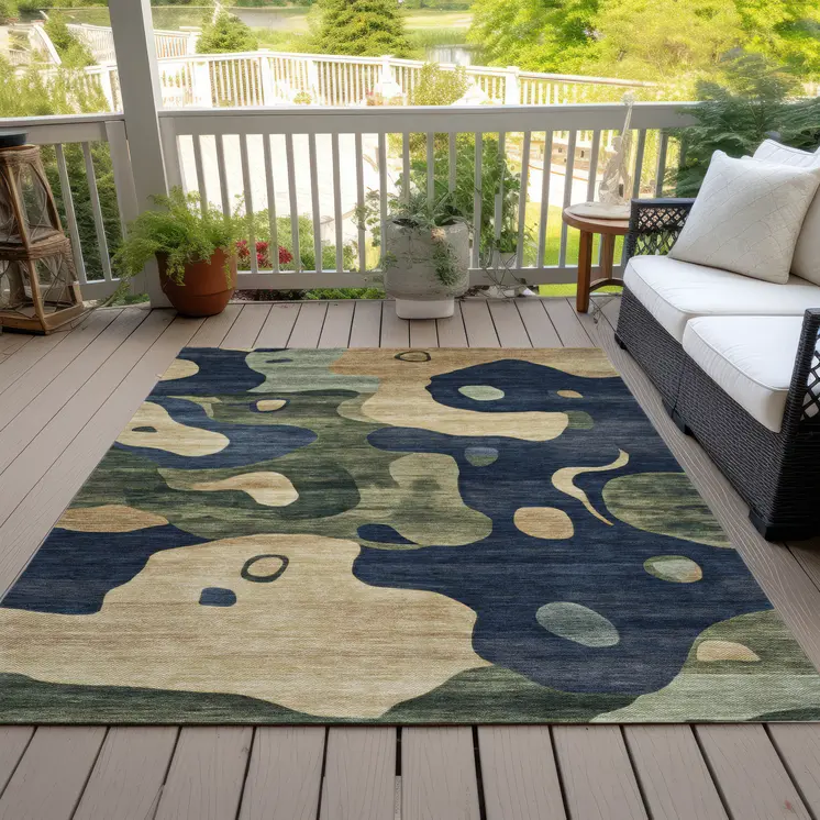 5' X 8' Navy Blue Gold And Olive Green Abstract Washable Indoor Outdoor Area Rug