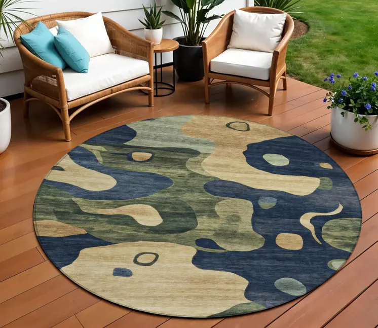 8' Navy Blue Gold And Olive Green Round Abstract Washable Indoor Outdoor Area Rug