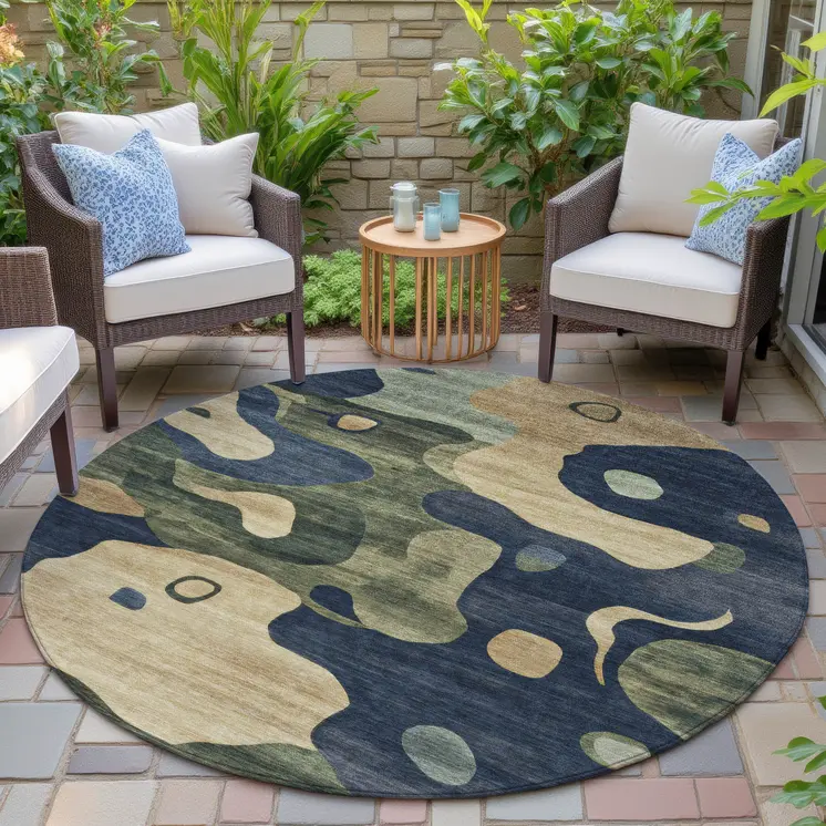 8' Navy Blue Gold And Olive Green Round Abstract Washable Indoor Outdoor Area Rug