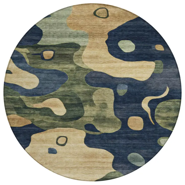8' Navy Blue Gold And Olive Green Round Abstract Washable Indoor Outdoor Area Rug