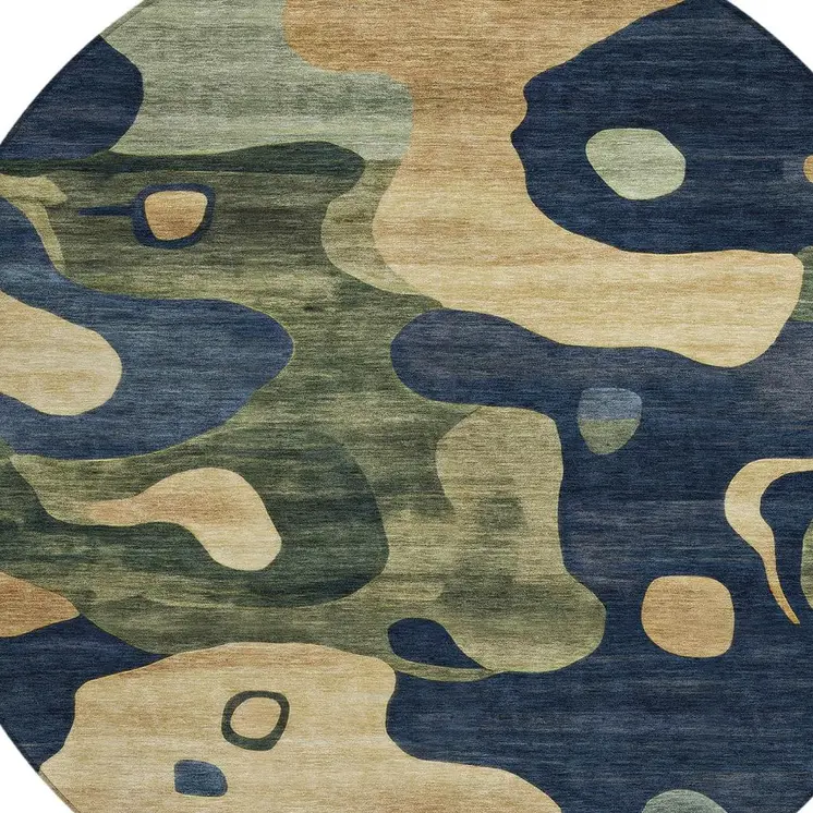 8' Navy Blue Gold And Olive Green Round Abstract Washable Indoor Outdoor Area Rug