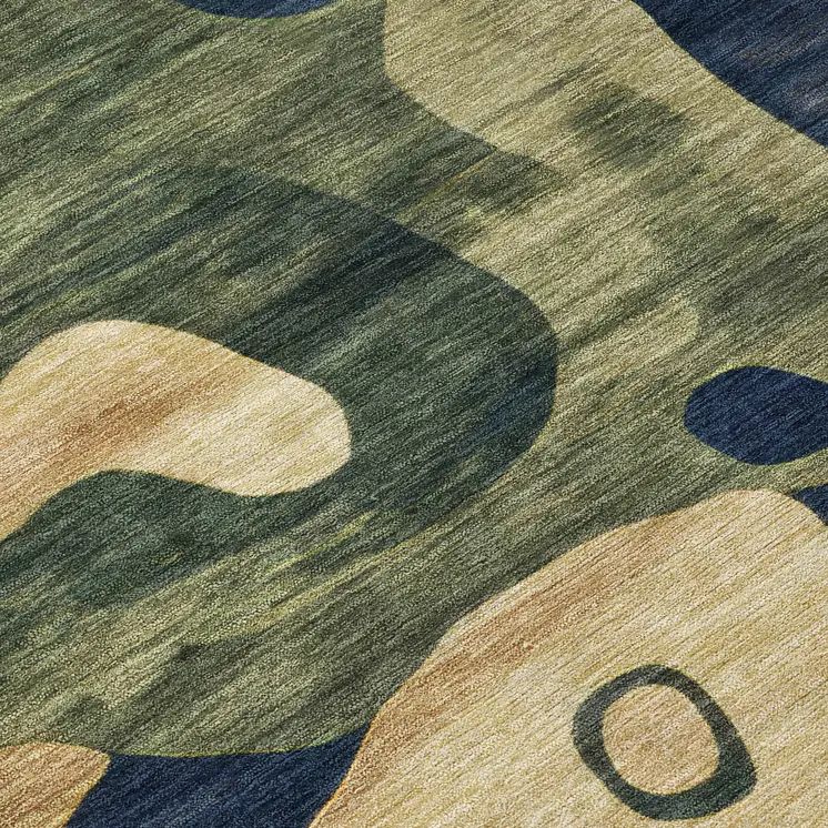 8' Navy Blue Gold And Olive Green Round Abstract Washable Indoor Outdoor Area Rug