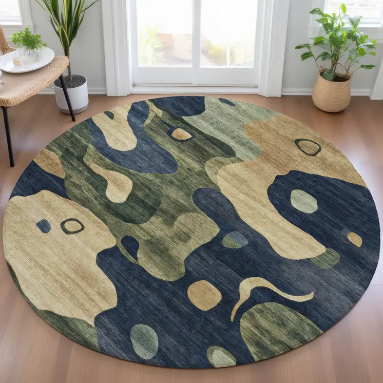 8' Navy Blue Gold And Olive Green Round Abstract Washable Indoor Outdoor Area Rug