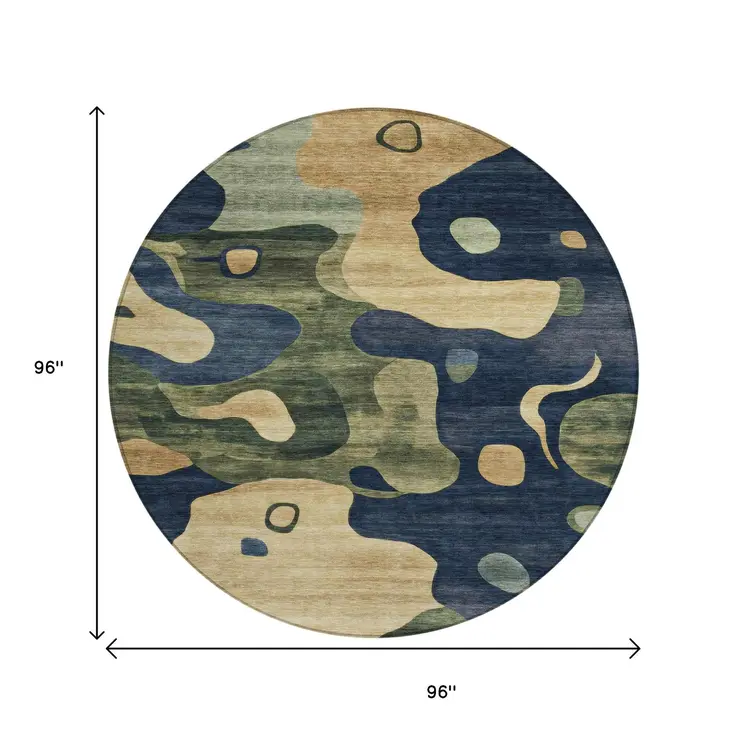8' Navy Blue Gold And Olive Green Round Abstract Washable Indoor Outdoor Area Rug