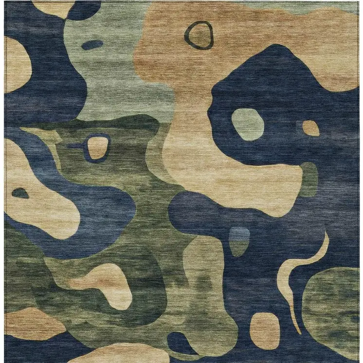 8' X 10' Navy Blue Gold And Olive Green Abstract Washable Indoor Outdoor Area Rug
